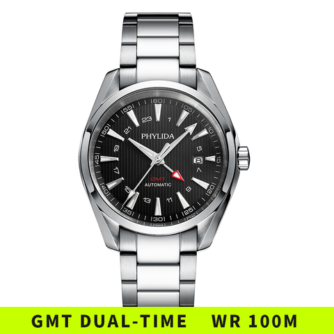 Reloj de pulsera automático GMT, resistente al agua, con esfera negra, mecánico, de lujo, cristal de zafiro sólido SS, 10bar, 100M ► Foto 1/6
