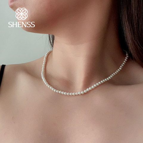 Collar de perlas concha de 4mm para mujer, elegante, 40-60cm, cadena trasera de Plata de Ley 925 para mujer, joyería clásica, luz brillante ► Foto 1/6