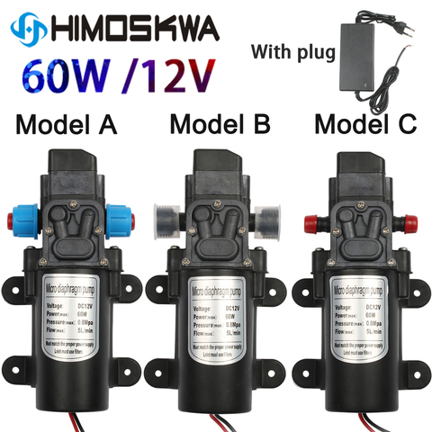 Bomba de agua de diafragma Micro eléctrica DC12V 60W interruptor automático 5 l/min de alta presión para el aerosol de lavado del coche 0.8Mpa 5L/min ► Foto 1/6