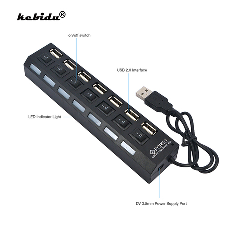 Kebidu-adaptador multipuerto USB 2,0, 7 puertos, interruptor de encendido/apagado, portátil, para ordenador y portátil ► Foto 1/6