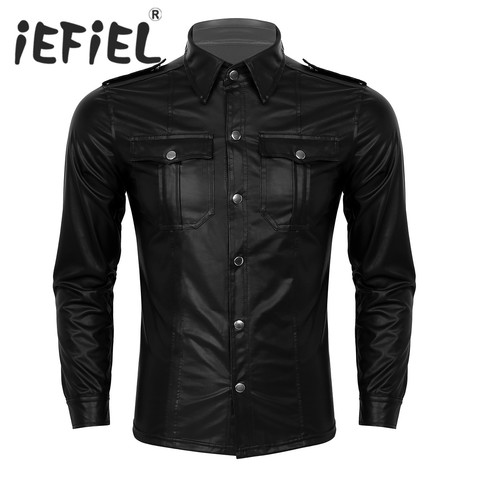 Camisa Formal de moda para hombre, camisa de manga larga con cuello vuelto, aspecto húmedo, con botones, ajustada, de charol, para club nocturno ► Foto 1/6