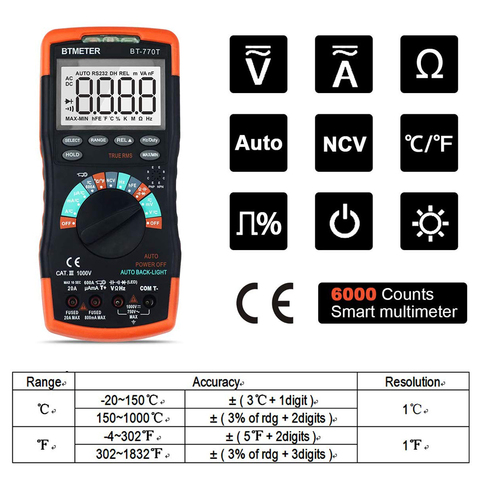 BTMETER-multímetro Digital con valores eficaces verdaderos, medidor de prueba de rango automático DMM para corriente AC DC 20A, probador eléctrico de capacitancia de 1000V ► Foto 1/6