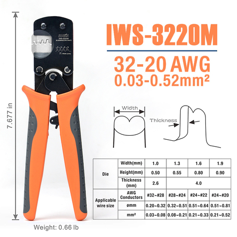 IWISS IWS-3220 alicate de crimpar con trinquete mano Crimper herramientas para estrecha paso pines del conector crimpado rango de 0,03-0.5mm ² (AWG: 32-20) ► Foto 1/6