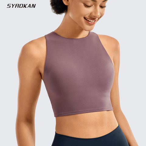 SYROKAN-Top deportivo con cuello alto para mujer, sujetador de espalda cruzada, Top corto de Yoga, camiseta sin mangas con sujetador integrado ► Foto 1/5