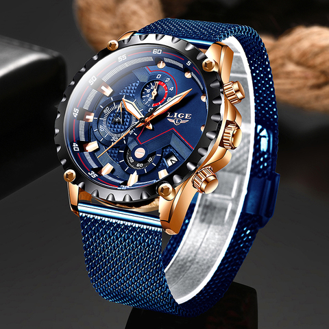 LIGE azul Casual malla Correa moda cuarzo oro reloj para hombre relojes marca superior reloj impermeable de lujo ► Foto 1/6