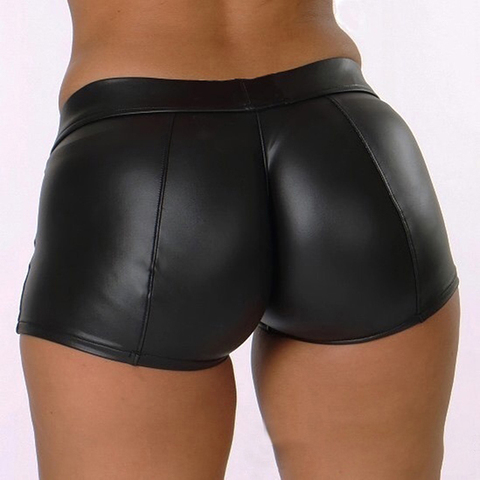 Spodenki Damskie-pantalones cortos deportivos de cuero para mujer, ajustados, de cintura alta, con realce, color negro ► Foto 1/6