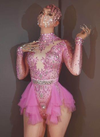 Body de encaje rosa con diamantes de imitación brillantes para mujer, traje de fiesta de cumpleaños, traje de baile, espectáculo sexi, ropa de escenario para actuaciones ► Foto 1/6