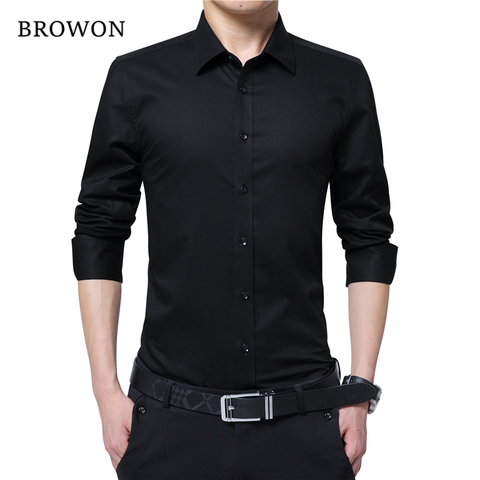 BROWON-Blusa de manga larga con cuello redondo para hombre, camisa Social de negocios, Color sólido, de talla grande, blusa de trabajo, ropa de marca ► Foto 1/6