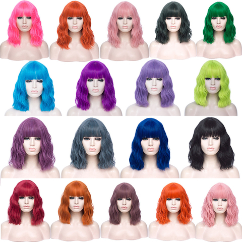 VICWIG-pelucas de Cosplay para mujer, pelo sintético corto rizado, con flequillo, Bobo, verde, rojo, azul, Morado, Naranja, Negro y rosa ► Foto 1/6