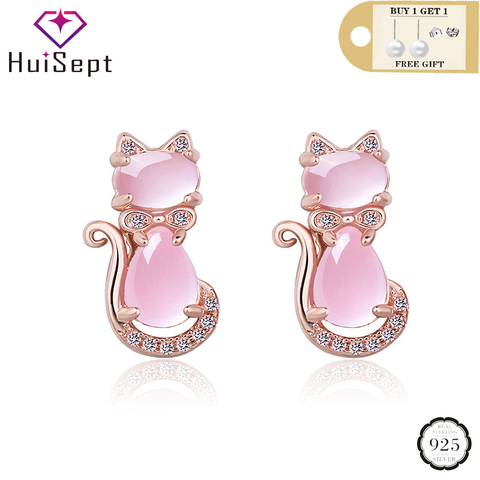 HuiSept-pendientes de plata de ley 925 con forma de gato, joyería de piedras preciosas de circón rosa de cuarzo con forma de gato, para mujeres ► Foto 1/6