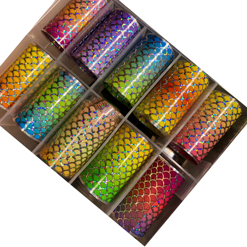 Lámina de sirena para uñas, 10 rollos de 100cm, decoración artística de uñas rápida, 3d, multicolor, holograma de sirena, Escala de lámina metálica ► Foto 1/6