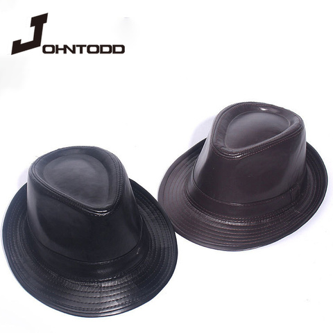 Sombrero Fedora de cuero para hombre y mujer, sombrero Retro de Jazz, vaquero, caballero, lazo, ala corta, flexible, Sombrero de Panamá, Hip Hop, negro ► Foto 1/6