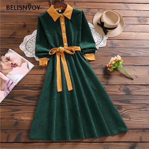 Las mujeres verde Retro de otoño e invierno Vestidos de pana Vintage Patchwork de la rodilla-longitud Oficina dama Vestidos Chic elegante Vestidos ► Foto 1/6