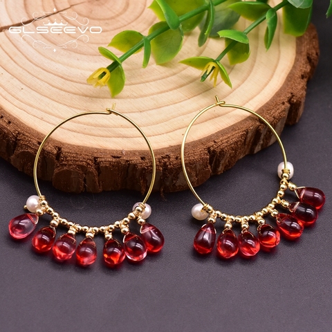 GLSEEVO-pendientes de aro de cristal rojo Natural para mujer y niña, regalos bohemios de fiesta, joyería de perlas de agua dulce, hechos a mano, Kolczyki GE0951 ► Foto 1/6