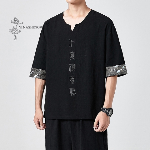 Camiseta de manga corta japonesa para hombre, camisa de lino con bordado Harajuku Yukata, traje asiático, de verano, nueva ► Foto 1/5