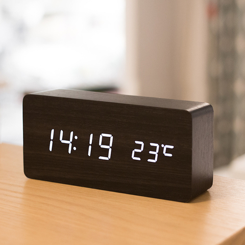 Reloj de mesa cuadrado de madera con alarma, Digital, LED, USB/AAA, Control electrónico por voz, mesita de noche ► Foto 1/6