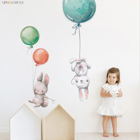 Pegatinas de pared de conejos y globos coloridos para decoración de habitación de niños, pegatinas de pared de conejo gris, adhesivo para pared de dormitorio infantil ► Foto 1/6