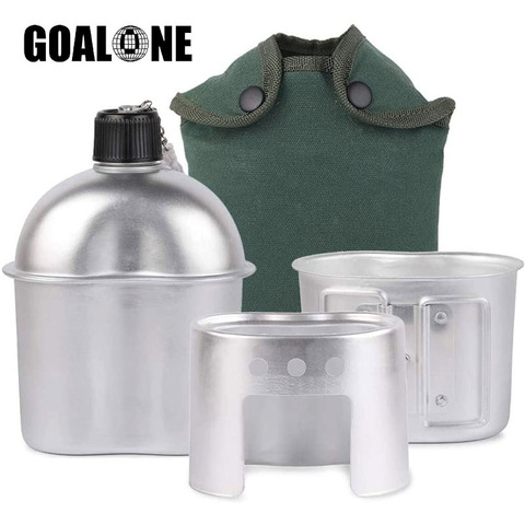 GOALONE 1L cantina militar Kit portátil cantina aluminio taza estufa de madera con cubierta de Nylon bolsa para acampar senderismo mochila ► Foto 1/6