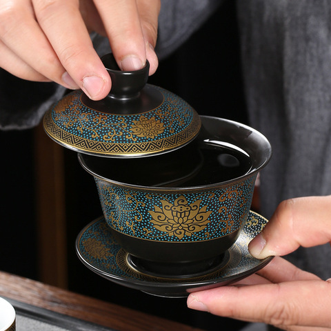 Chino Teaset clásica tazas de té Gaiwan de arcilla negra sopera 180ml tazón con tapa plato tradicional hecha a mano Té taza ► Foto 1/5