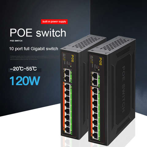 Conmutador de 10 puertos POE de 1000 Mbps, conmutador Gigabit de 10/100/1000 Mbps, 8 puertos POE + 2 interruptores de enlace con potencia interna de 52V2.3A120W ► Foto 1/6