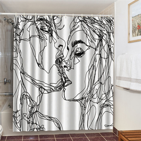 Juego de baño impermeable con cortinas de ducha, decoración de pared para el hogar, cortinas 3D, bocetos, amantes besándose, color blanco y negro ► Foto 1/6