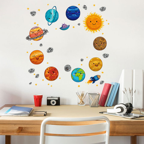 Universo de dibujos muro de planetas de habitaciones de niños, salas de estudio dormitorio papel tapiz de decoración Mural arte pegatinas para guardería ► Foto 1/6