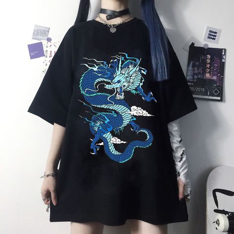 Camisetas de calle para mujer, camiseta ulzzang Harajuku vintage con estampado de dragón chino, Camiseta holgada informal de gran tamaño, novedad de verano ► Foto 1/6