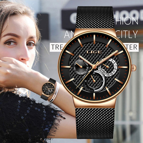 LIGE-reloj de cuarzo de lujo para mujer, nuevo accesorio de pulsera de malla de acero inoxidable con diseño elegante, relojes creativos e informales ► Foto 1/6