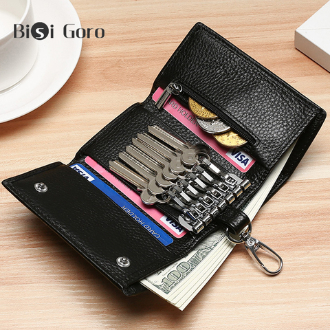 BISI GORO clave organizador bolsa Tri-Fold Cartera de cuero genuino llavero tarjeta cubierta funda, soporte para las llaves de las mujeres monedero de la moneda ► Foto 1/6