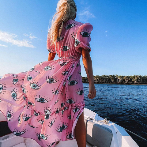 Vestido playero de gasa sin arrugas para mujer, vestido playero Sexy de manga corta con ojos rosas, D1, 2022 ► Foto 1/6