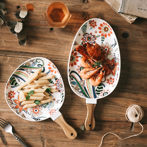 Platos de cerámica nórdicos para cenar, bandeja para ensaladas, con mango de madera, para Navidad, decoración del hogar, vajilla ovalada ► Foto 1/6