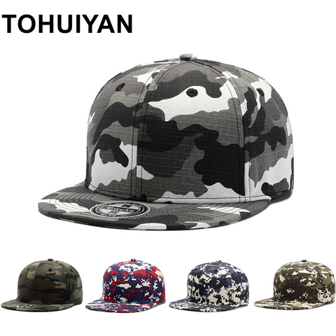 TOHUIYAN hombre de camuflaje de algodón gorras de baile Hip Hop sombreros de ala plana gorras beisbol de Tatctical gorras para el sol ajustables ► Foto 1/6