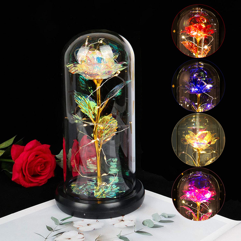 Rosa Roja de La Bella y La Bestia en cúpula de cristal con luz LED, Base de madera para niñas, regalo de San Valentín y Navidad ► Foto 1/1