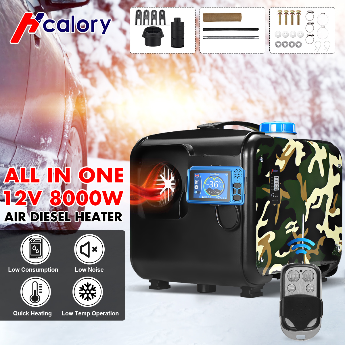 Hcalory-calentador de aire todo en uno para coche, 8KW, 12V, interruptor de llave LCD de un solo orificio, calentador de estacionamiento remoto para camión, autobús, barco, RV, novedad de 2022 ► Foto 1/6