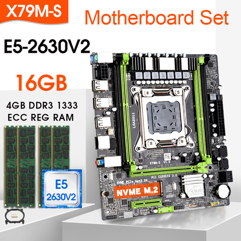 Juego de placa base X79 M-S con LGA2011, combos Xeon E5 2630V2 CPU, 4 Uds. x 4GB = 16GB de memoria, DDR3 ECC RAM, 1333Mhz, NVME, ranura M.2 ► Foto 1/6
