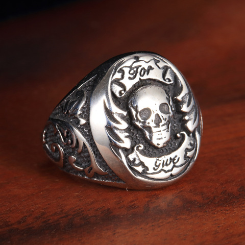 Único 316L Acero inoxidable hombres joyería Vintage hecho a mano grabado anillo gótico calavera esqueleto Punk anillo novio regalo de Halloween ► Foto 1/6