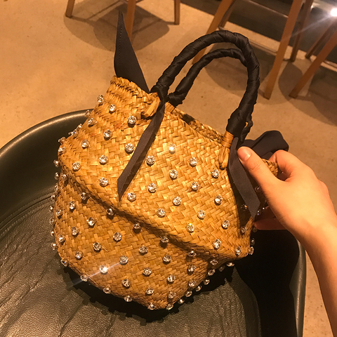 Bolso de mano de lujo para mujer, cesta tejida a mano de cristal, bolso de embrague de diamantes, bolsos de paja de diseñador ► Foto 1/6