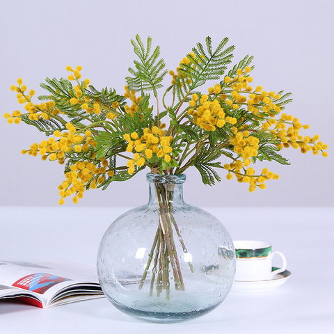 Flor de seda Artificial para decoración del hogar, Acacia amarilla Mimosa Pudica de felpa, cerezo en aerosol, para boda, color rojo, 6 uds. ► Foto 1/6