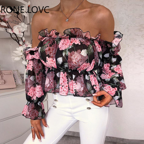 Blusa con hombros descubiertos y estampado Floral para Primavera, camisa con volantes para mujer ► Foto 1/3