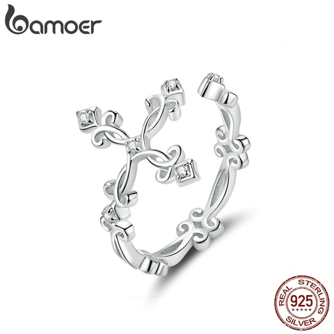 Bamoer-Anillo de plata de primera ley con forma de cruz para mujer, sortija ajustable, plata esterlina 925, flor, estilo Retro, BSR041 ► Foto 1/6