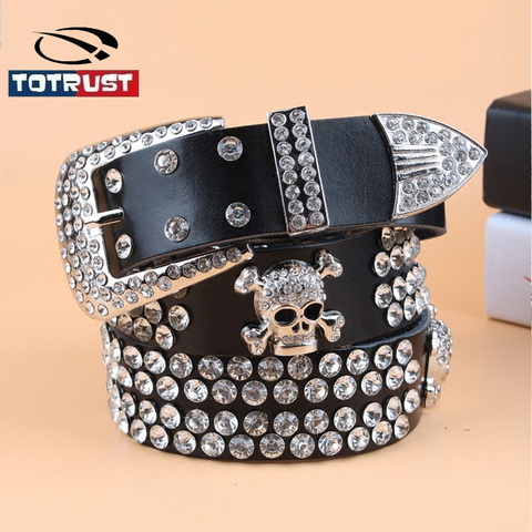 TOTRUST-cinturón con hebilla ancha para mujer, con diamantes de imitación, cinturones de calavera de segunda capa, piel de vaca, correa de alta calidad para vaqueros ► Foto 1/6