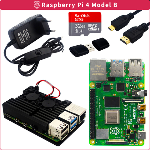 Kit de Raspberry Pi 4 Modelo B Original, carcasa de aluminio de 2GB/4GB, adaptador de corriente de interruptor, Cable de vídeo de alta definición, tarjeta SD de 32GB para Pi 4 4B ► Foto 1/6