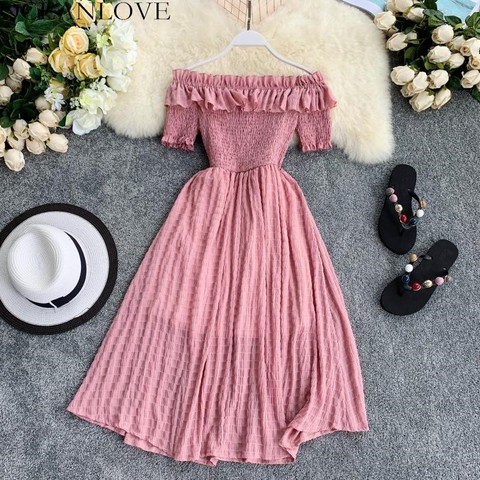 OCEANLOVE, Vestidos de verano para mujer, Vestidos lisos con hombros descubiertos y cuello oblicuo a cuadros, Vestidos de cintura alta 2022 con volantes, vestido de mujer 11767 ► Foto 1/6