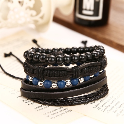 IFMIA-Pulsera de madera trenzada con cuentas azules para hombre, brazaletes de cuero, estilo bohemio, hechos a mano, nuevos multicapa, Vintage ► Foto 1/6