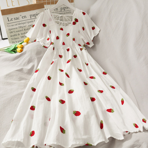 Vestido con fresas Kawaii Vintage para mujer, vestido con volantes, manga abombada, hombros descubiertos, bordado, para fiesta de verano, Coreano elegante, 2022 ► Foto 1/6