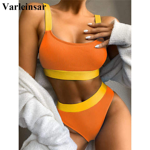 Bañador Sexy de empalme acanalado para mujer, traje de baño de cintura alta, conjunto de Bikini de dos piezas, ropa de baño V2329 ► Foto 1/6