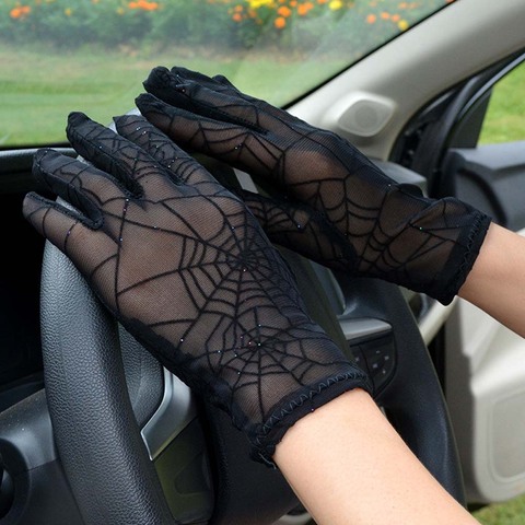 Guantes de encaje para mujer, de dedo completo, diseño de tela de araña, Anti-UV, color negro ► Foto 1/5
