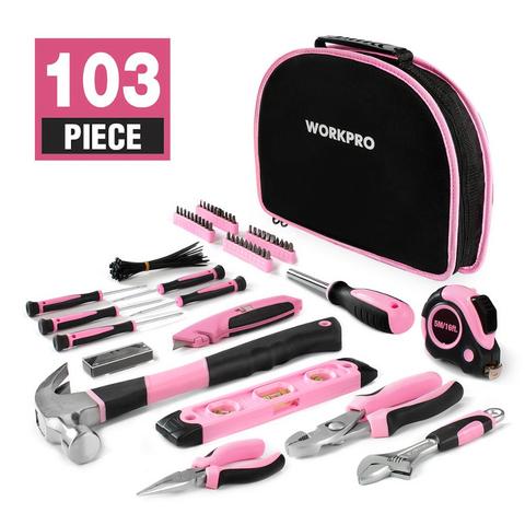 WORKPRO 103 piezas, conjunto de herramientas de mano, Kit de herramientas para el hogar, bolsa de herramientas, rosa, herramientas para mujeres y niñas ► Foto 1/5