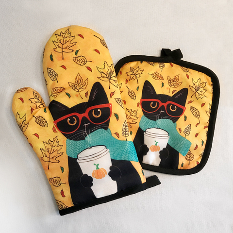 Guantes de cocina de poliéster con estampado de gato, manoplas para horno y microondas ► Foto 1/6