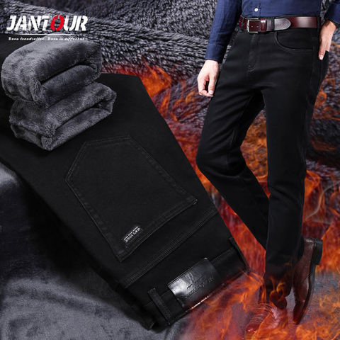 La marca de los hombres de invierno de lana caliente Jeans Stretch Casual recto de Denim Pantalones de franela suave pantalón negro, pantalones de talla grande 28-40 ► Foto 1/6